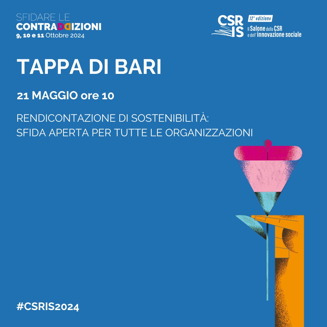 Ci vediamo domani a Bari per l'ottava tappa del Giro d'Italia della CSR! 📍 Bari, Politecnico di Bari, Via Amendola 126 – Sala Videoconferenze; 🗓️ martedì 21 maggio; 🕙 a partire dalle 10; 👉iscrizioni qui: tinyurl.com/4yxm3jdm #CSRIS2024 #CSRIS #sfidarelecontraddizioni