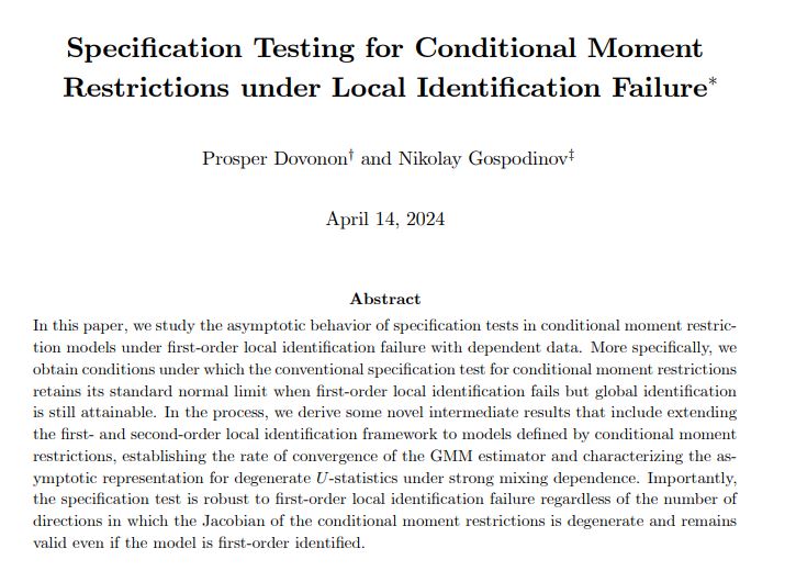 How can we test for validity of conditional moment restrictions when the model identification is compromised? We propose a specification test that is asymptotically standard normal and robust to first-order local identification failure econometricsociety.org/publications/q…