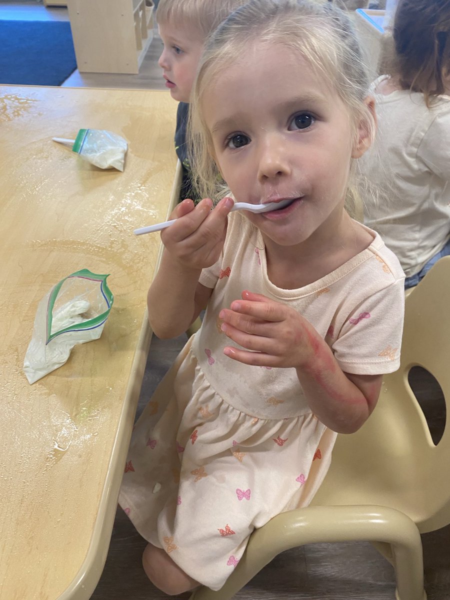 Our Young Twos class made ice cream today! Sensory, motor skills, STEM, and a yummy treat happening at Little Mustangs today!!!