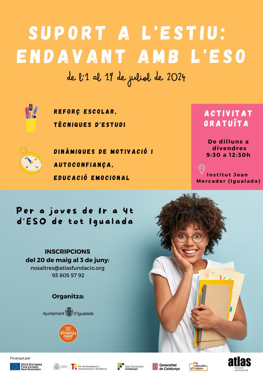 Ja tenim obertes les inscripcions de #suportalestiu que organitzem amb #ensenyamentigualada Per a joves de 1r a 4t d'ESO #Igualada 
#ATLAS