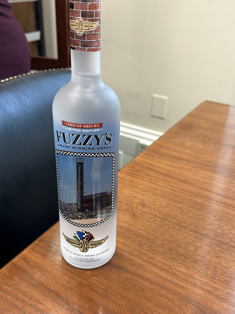 Indiana Sen. Todd Young’s staff were kind enough to walk me through his #indy500 themed conference room this morning, which comes complete with a race-used Firestone, a milk bottle (empty) and brickyard vodka 🏎️