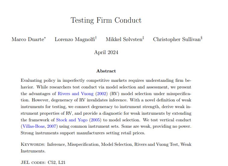 When testing models of firm conduct, weak instruments can threaten inference. We develop a framework to understand instrument strength, and a diagnostic to measure it. We show its empirical relevance in an application to testing models of vertical conduct econometricsociety.org/publications/q…