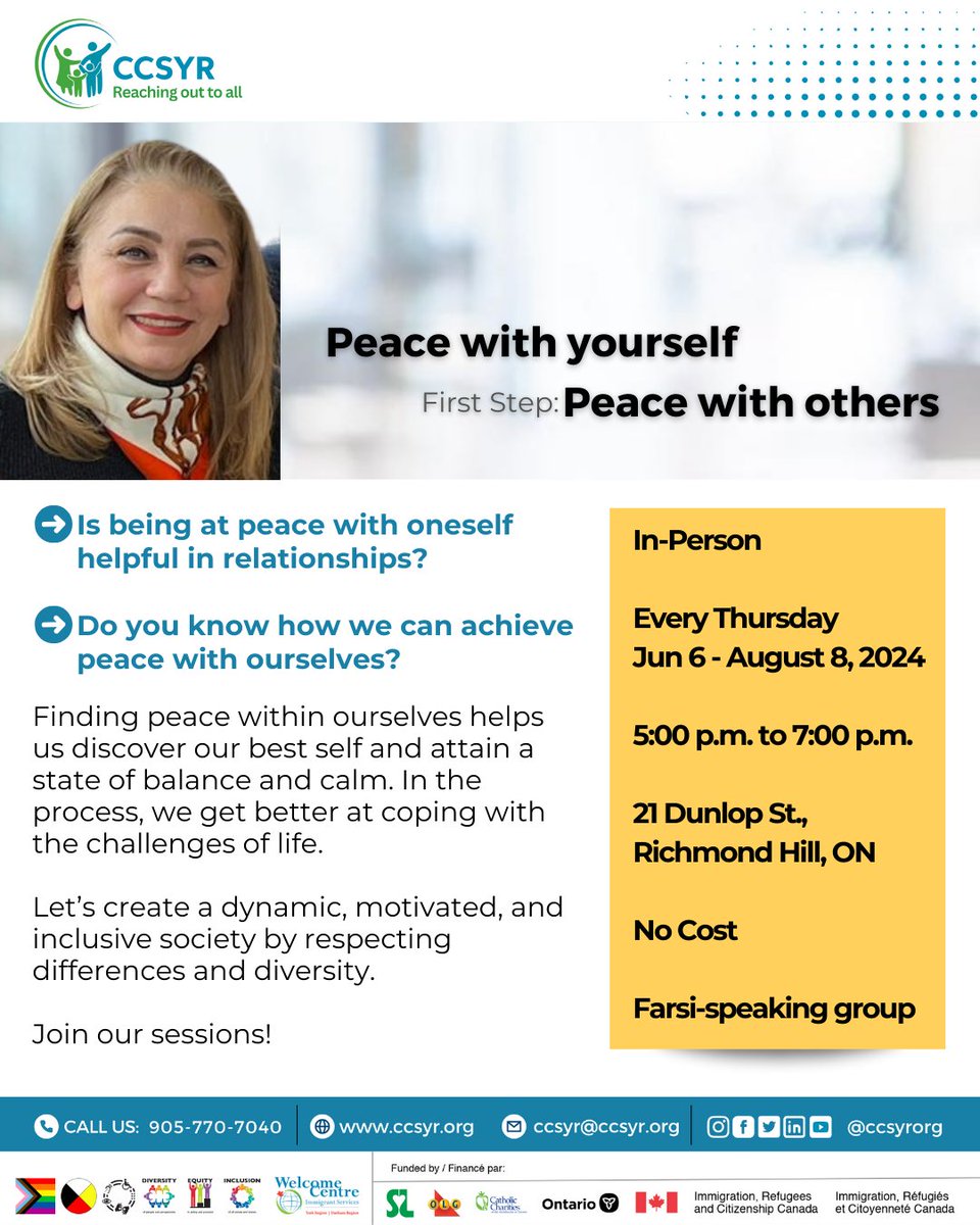 If you are looking for tips on attaining inner peace and calm, join us every Thursday, starting June 6 for counselling sessions focusing on Farsi-speaking groups. Email at counselling@ccsyr.org to learn more. 
#mindfulness #ccsyr #yorkregion #counsellingservices #farsicommunity