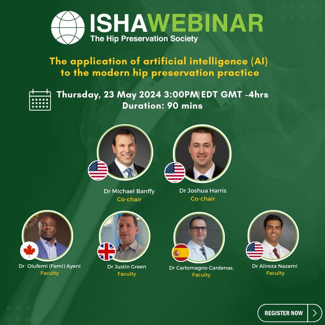 Join Dr Michael Banffy and Dr James Genuario along with an excellent group of international experts to discuss how #AI is being used in modern #HipPreservation practices. #ISHA 🗓 Thursday 23 May 2024, 3:00 PM EDT (GMT -4hrs) Register Now! ishasoc.net/virtual-educat…