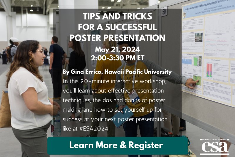 Ecological Society (@esa_org) on Twitter photo Today at 2 PM ET!⏰
"Tips and Tricks for a Successful Poster Presentation" w/ <a href="/ErricoGina/">Gina Errico, M.S. (she/her)</a> can help you at #ESA2024 and any other point in your scientific career
esa.org/career-develop… Today at 2 PM ET!⏰
"Tips and Tricks for a Successful Poster Presentation" w/ <a href="/ErricoGina/">Gina Errico, M.S. (she/her)</a> can help you at #ESA2024 and any other point in your scientific career
esa.org/career-develop…