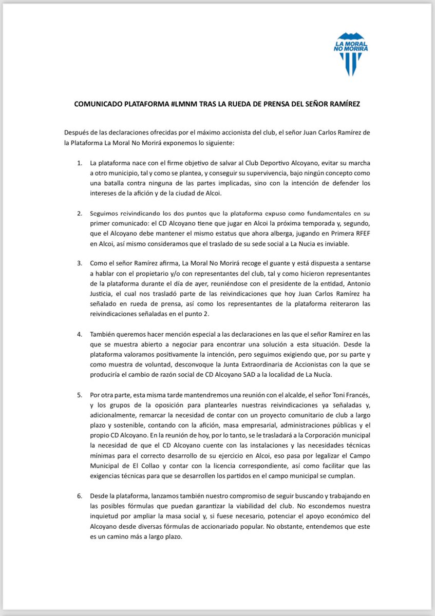 LaMoralNoMorira's tweet photo. 👉Tras las declaraciones del señor Juan Carlos Ramírez en la rueda de prensa que ha ofrecido este medio día desde el campo de El Collao, desde la plataforma #LaMoralNoMorirá queremos trasladar el siguiente comunicado 💙🤍 https://t.co/BsVpxQ9wgS
