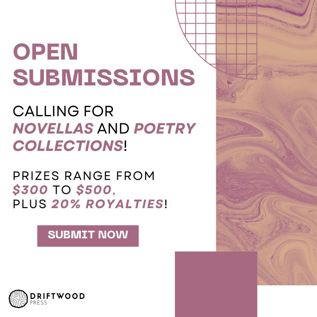 Driftwood Press is currently seeking novellas and poetry collections! Submit using the link in our bio for a chance at a cash payout plus 20% in royalties with publication. #poetrycollection #novella #callforsubmissions