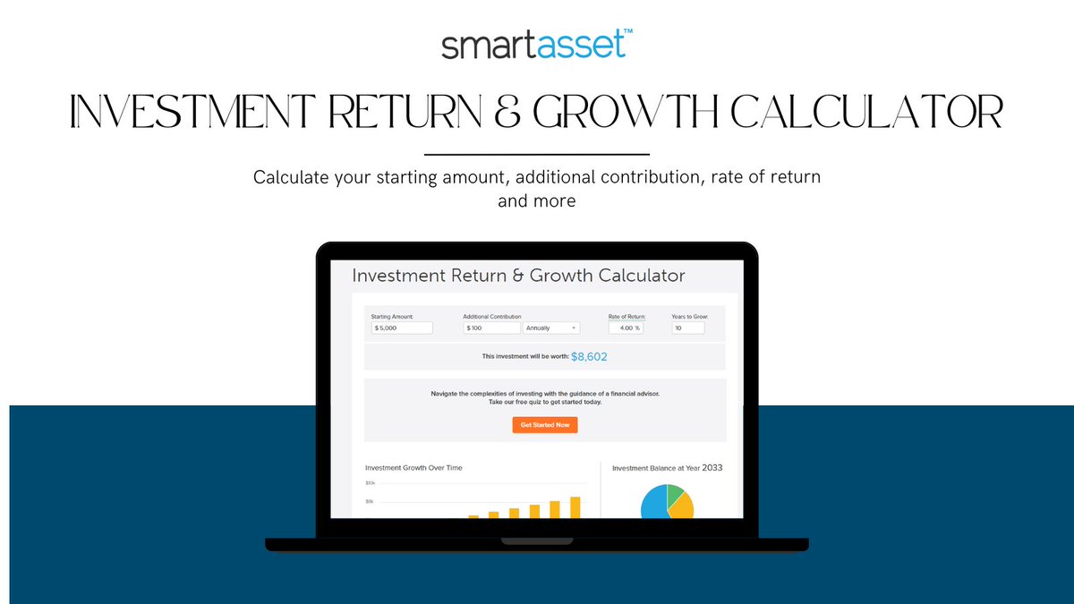 RT smartasset 'Want to see how much your investments can grow? 🌱   

Use SmartAsset's Investment Return & Growth Calculator to map out your investment journey. By entering your starting amount, additional contributions, expected rate of return and inve… '