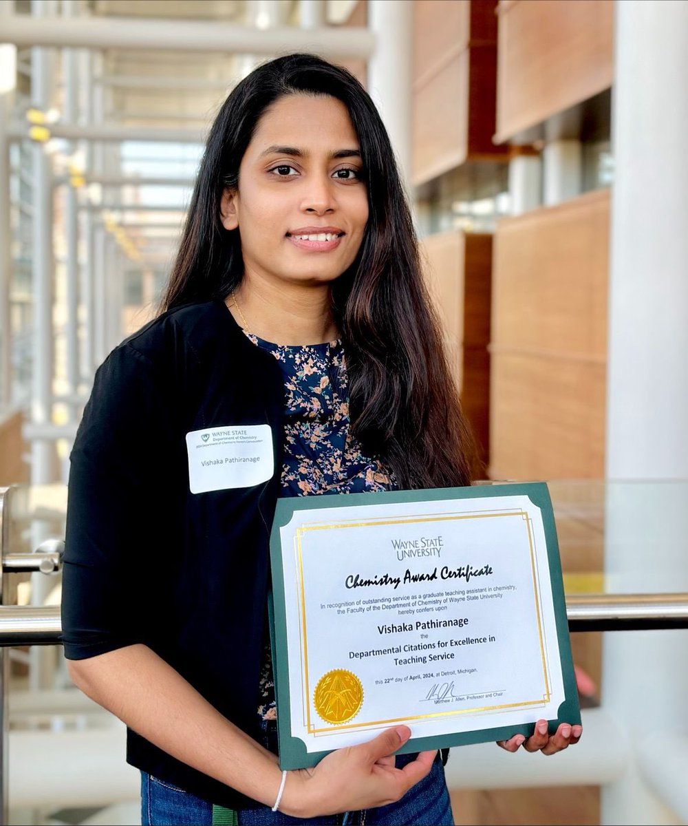 Vishaka Pathiranage, of the @arwalker_on_gpu Lab, received a Departmental Citation for Excellence in Teaching Services at this year’s Honors Convocation. Congratulations! #wsuchemistry #compchem #HonorsConvo24 #MotivationMonday