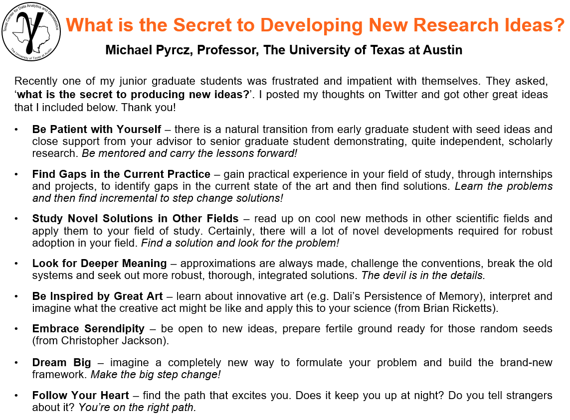 One of my graduate students dropped by my office, exasperated, and said, "I don't know how to innovate. So, how can I do a PhD?".

I erased my whiteboard and began listing strategies for generating new research ideas. They left reassured and excited! 

As #professors, we mentor