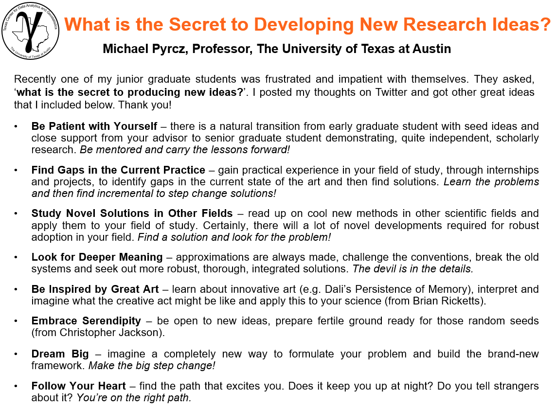 One of my graduate students dropped by my office, exasperated, and said, 'I don't know how to innovate. So, how can I do a PhD?'. I erased my whiteboard and began listing strategies for generating new research ideas. They left reassured and excited! As #professors, we mentor