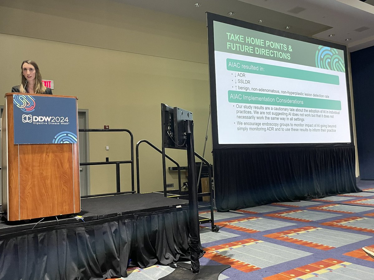 Fantastic oral presentation by @TGHermanMD: Cautionary tale ⚠️ #ArtificialIntelligence Assisted Colonoscopy failed to⬆️ ADR rate (Single Center Study) #AI has huge potential but needs an individualized approach. Further study needed! #DDW2024