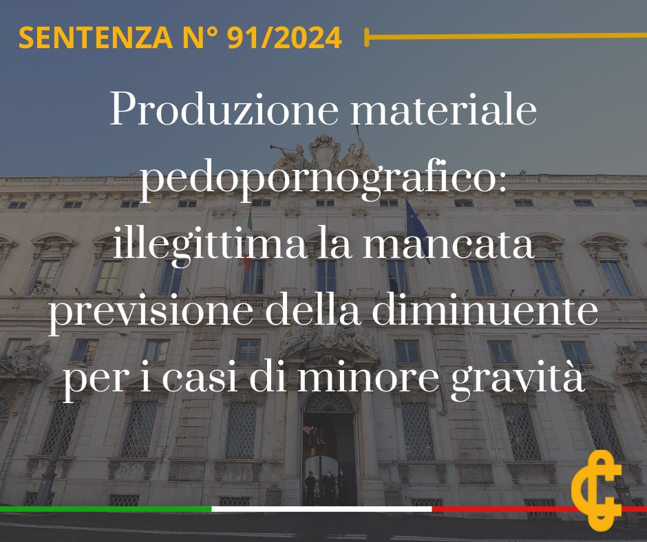 Produzione materiale pedopornografico:
illegittima la mancata
previsione della diminuente per i casi di minore gravità.

cortecostituzionale.it/documenti/comu…

#Comunicato #Sentenza #Cortecostituzionale