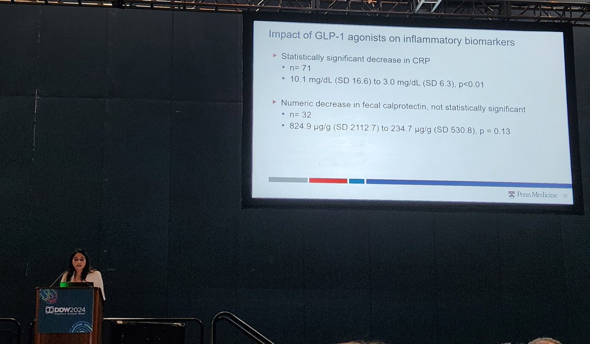 Meena Bewtra (@drsmeena) on Twitter photo So proud of <a href="/penngihep/">@PennGIHep</a> & @milestoneibd fellow Priya Sehgal at podium to standing-room-only talk on our work looking at safety & efficacy of GLP-1 agonists in #IBD.
Experience same as gen pop; no safety concerns, similar side effects, ⬇️ CRP & effective weight loss. So proud of <a href="/penngihep/">@PennGIHep</a> & @milestoneibd fellow Priya Sehgal at podium to standing-room-only talk on our work looking at safety & efficacy of GLP-1 agonists in #IBD.
Experience same as gen pop; no safety concerns, similar side effects, ⬇️ CRP & effective weight loss.