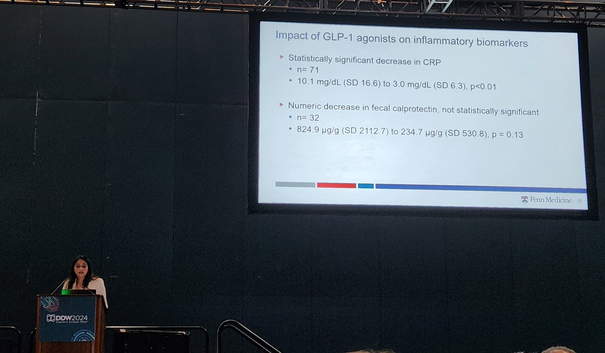 So proud of @penngihep & @milestoneibd fellow Priya Sehgal at podium to standing-room-only talk on our work looking at safety & efficacy of GLP-1 agonists in #IBD. Experience same as gen pop; no safety concerns, similar side effects, ⬇️ CRP & effective weight loss.