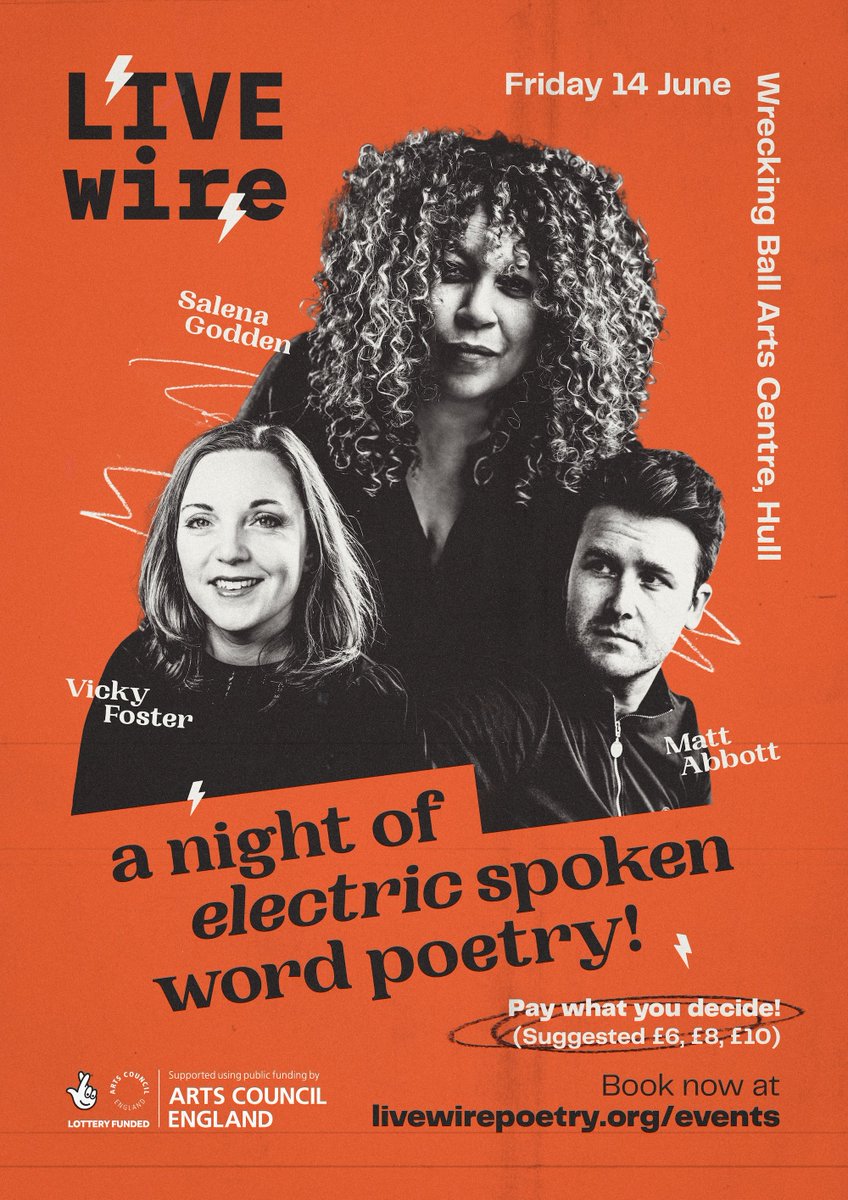 People of Hull! We're heading your way for a very special one-off event, starring @salenagodden on Fri 14 June. Salena will be supported on the night by @vickyfoster_ and @mattabbottpoet. Tickets are Pay As You Feel (£6, £8, £10) and are on sale now ⚡ eventbrite.com/e/livewire-poe…