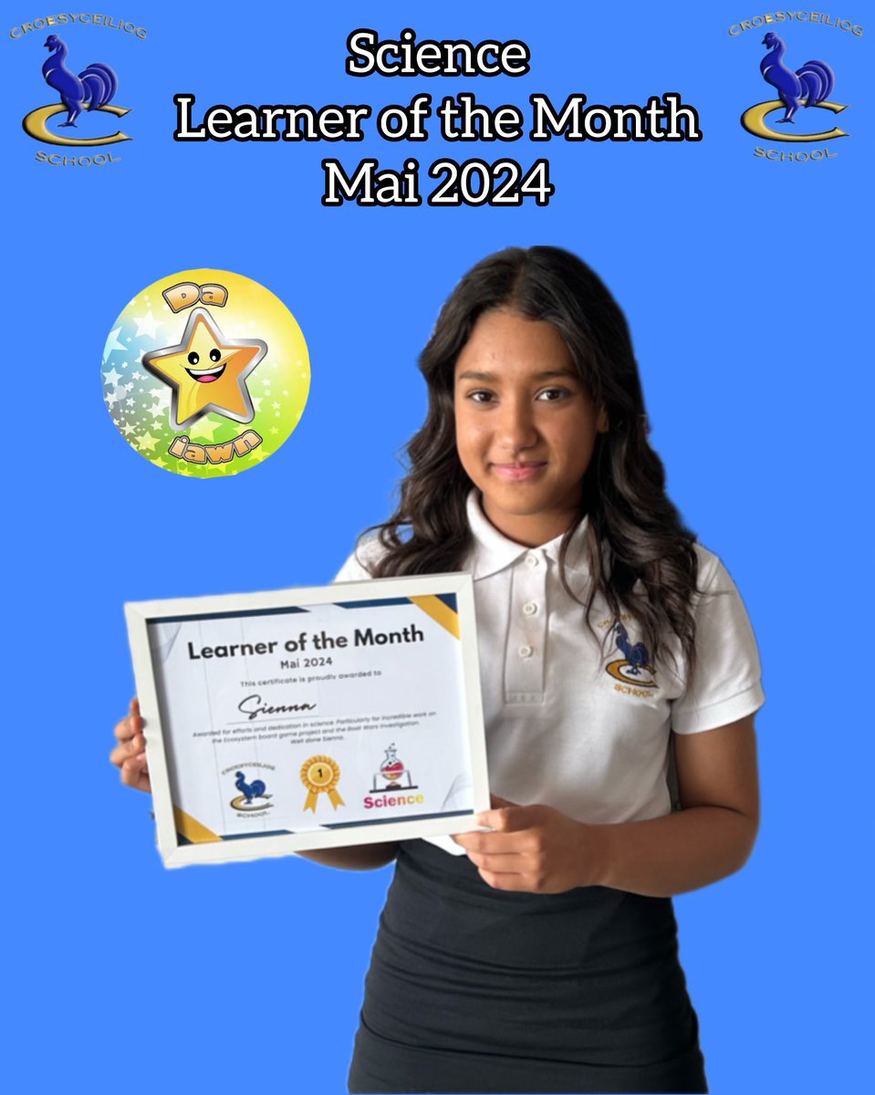 Congratulations to Sienna for being awarded science learner of the month for May 2024. 
Sienna has had a very successful month, particularly for outstanding efforts creating a brilliant ecosystems board game and excellent vessel for the Boat Wars lessons. 

<a href="/croesyschool/">Croesyceiliog School</a>