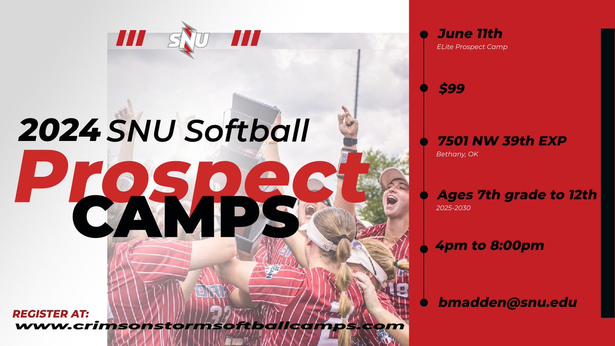 Sign for June 11th SNU Elite prospect camp! Looking for 2025-2030 Grads. Sign up at crimsonstormsoftballcamps.com