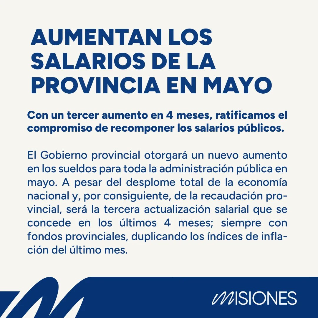 gobmisiones's tweet image. Aumentan los salarios de la provincia en mayo.