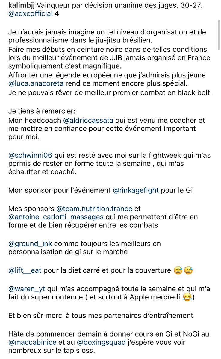 Vainqueur par décision unanime des juges, 30-27. <a href="/adxc_official/">ADXC_official</a> 
Faire mes débuts en ceinture noire dans ces conditions, lors du meilleur événement de JJB en France, c’est magnifique. Affronter une légende européenne que j’admirais plus jeune rend ce moment encore plus spécial.