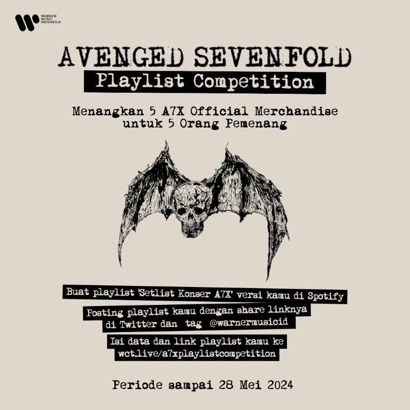 WarnerMusicID's tweet photo. Siapa disini yang mau dapet official merchandise A7X? Caranya gampang! Yuk, bikin playlist 'Setlist Konser A7X' versi kamu dan 5 orang terpilih akan mendapatkan merchandise-nya!