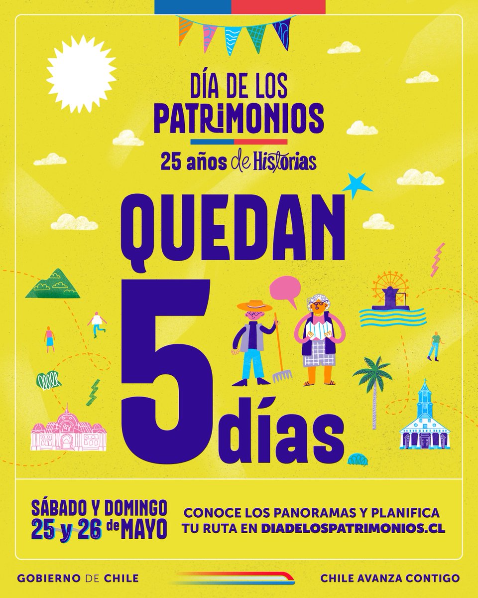 culturas_cl's tweet photo. ¡Cada día que pasa queda menos para el #DíaDeLosPatrimonios 2024! 🎉

¡Solo faltan 5 días para celebrar los 25 años de esta gran fiesta ciudadana que nos une alrededor de la cultura y el patrimonio de nuestro país! 🇨🇱

Cuéntanos, ¿qué plan tienes para este 25 y 26 de mayo? 📅 https://t.co/ubIjvMrUp6