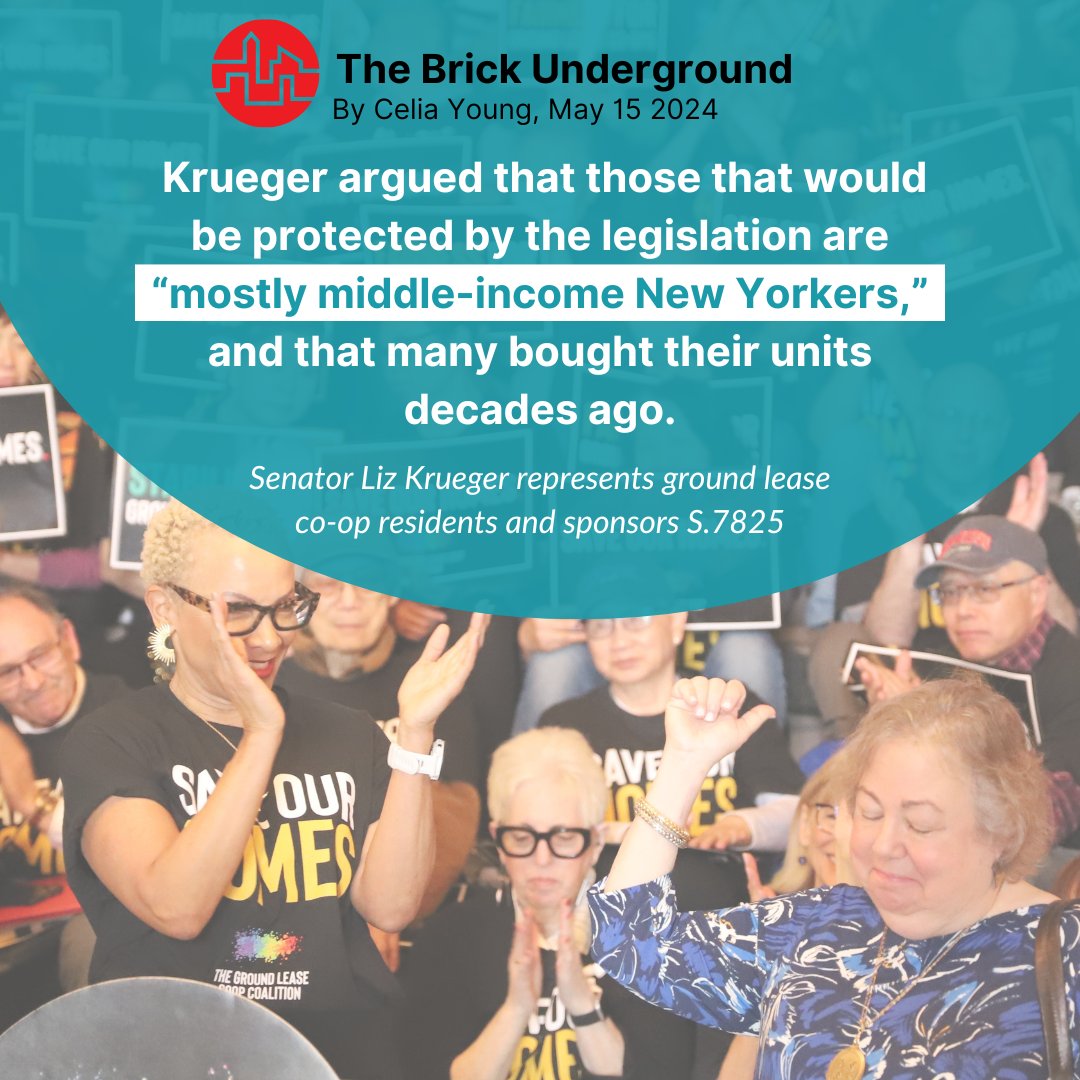 We're grateful to @LizKrueger for introducing legislation that would ensure protections for more than 25K+ New Yorkers living in ground lease co-ops. With only 10 days left in the 2024 Session, we urge the Legislature to take action. ⏩brickunderground.com/buy/legislatio…
