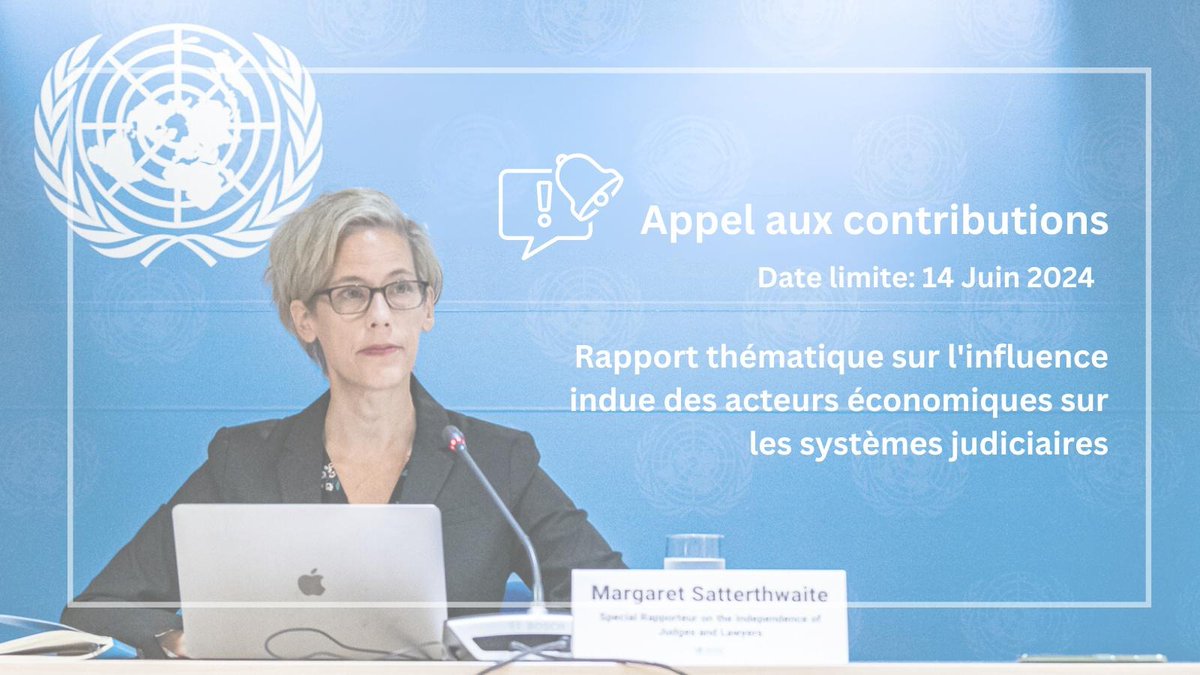 📢 J'appelle aux contributions écrites pour mon rapport thématique sur l'influence indue des acteurs économiques sur les systèmes judiciaires. La date limite est le 14 juin. L'appel est ici : ohchr.org/fr/calls-for-i… Merci de le diffuser largement.