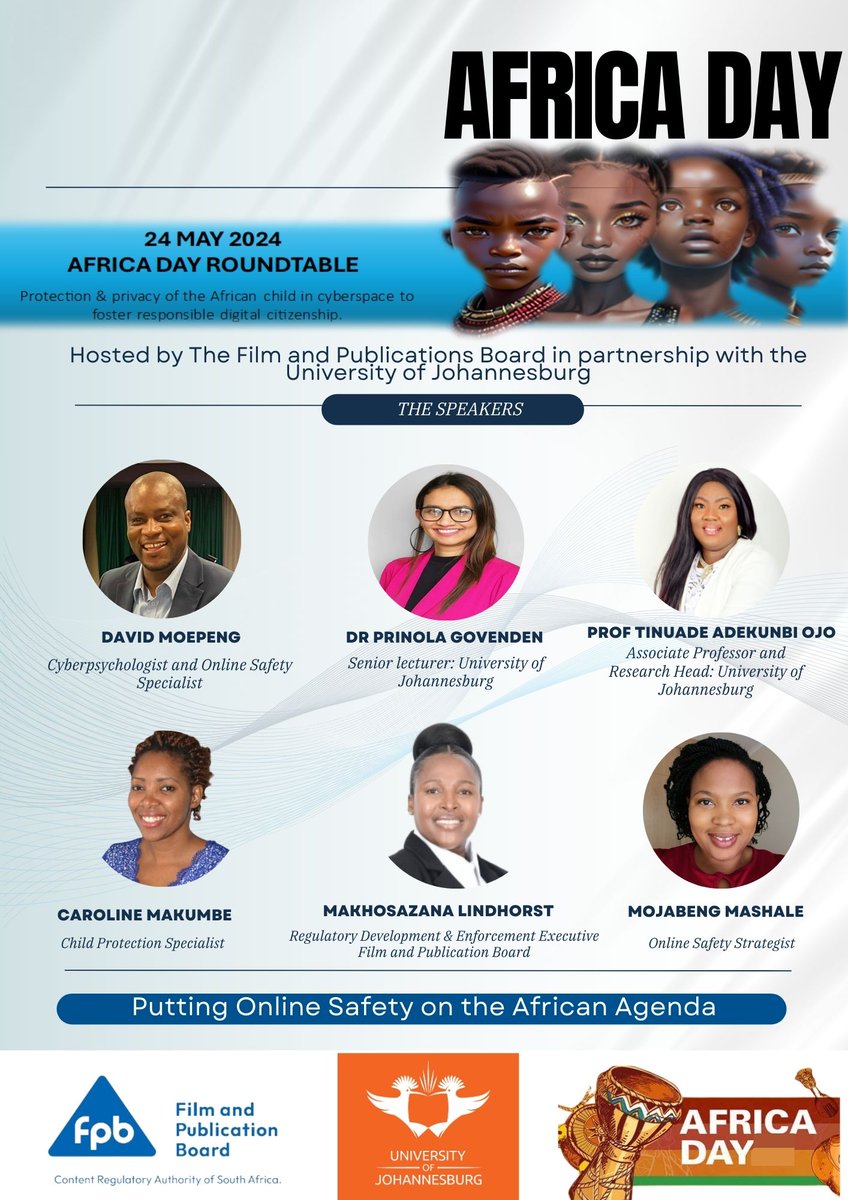 Only 4 days left until the Africa Day event! 🌍 We are excited to announce our lineup of speakers who will be shedding light on online safety in Africa. Do not miss out! #AfricaDay #OnlineSafety #FilmAndPublicationBoard #digitalsafety