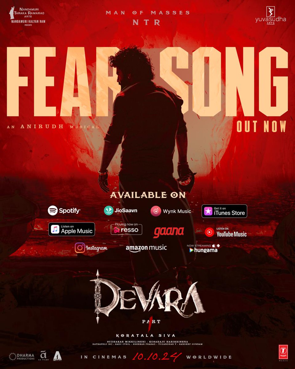 FEAR has made its way to every corner ❤️‍🔥 #FearSong is now streaming on all music platforms 💥 tseries.fym.fm/Devarafearsong Blast the speakers at full volume and celebrate the man who’s swooning us all 🥁 An @anirudhofficial Musical 🎶 #Devara Man of Masses @tarak9999