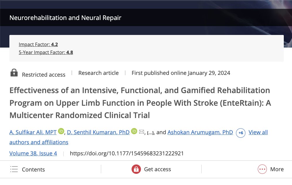 In a recent multi-center randomized clinical trial, there were greater improvements in arm function in #stroke participants who completed 6 weeks of a game-based #rehabilitation program, compared to those who did task-based training.
journals.sagepub.com/doi/abs/10.117… #neurorehabilitation