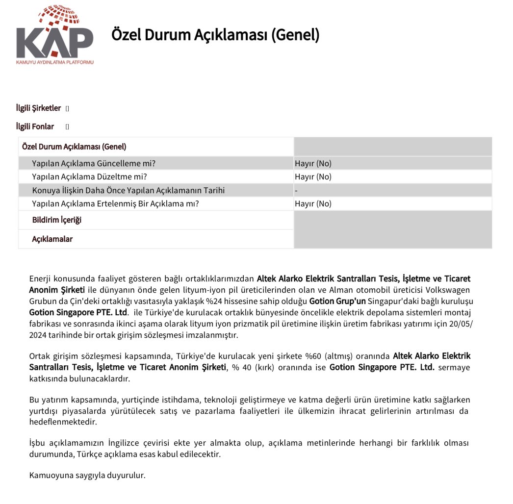 #ALARK elektrik depolama sistemleri montaj fabrikası ve sonrasında ikinci aşama olarak lityum iyon prizmatik pil üretimine ilişkin üretim fabrikası yatırımı için 20/05/ 2024 tarihinde bir ortak girişim sözleşmesi imzaladı. 🔋