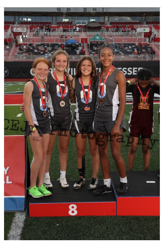 Lily, Kensley, Marit, and Zoey. Got 4th at the sectional with a 4:32. Seeded 14th at state. Shaved off 11 seconds at to finish with a 4:21.81. They finish the season with the school record and as the 8th best 4x400 relay in the state. 

And 3 of them will be back next year.