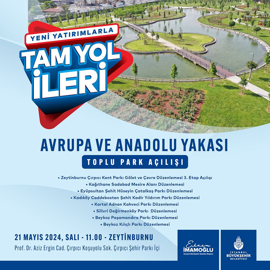 Anadolu ve Avrupa Yakası Toplu Park Açılış Törenimize tüm vatandaşlarımız davetlidir. 🕰️21 Mayıs Salı - 11.00 📍Prof. Dr. Aziz Ergin Cad. Çırpıcı Koşuyolu Sok. Çırpıcı Şehir Parkı içi - Zeytinburnu