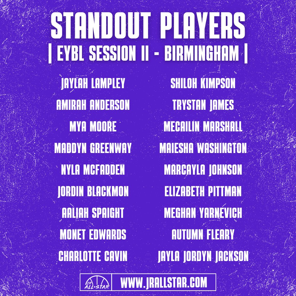 𝗦𝗧𝗔𝗡𝗗𝗢𝗨𝗧 𝗣𝗟𝗔𝗬𝗘𝗥𝗦

Here are the players who caught our eye during Day 3 of <a href="/NikeGirlsEYBL/">Nike Girls EYBL</a> Session II - Birmingham! ⤵️

<a href="/JaylahLampley/">Jaylah Lampley</a> <a href="/amirahvanderson/">Amirah Anderson</a> <a href="/MyaMoore2026/">Mya Moore</a> <a href="/maddyngreenway/">maddyn greenway</a> <a href="/Sheisnyla_mcf/">Nyla McFadden</a> <a href="/Jblackmon2025/">Jordin Blackmon</a> <a href="/aaliahh_3/">Aaliah Spaight</a> <a href="/CharCavin/">Charlotte Cavin</a> <a href="/shilohkimp24/">Shiloh Kimpson</a> <a href="/IAmTrystan2025/">Trystan James</a>