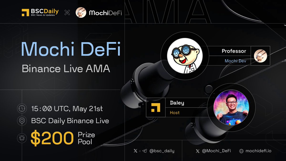 We're excited to host a #Binancelive AMA with @Mochi_DeFi 
 
🗓 May 21st, 15:00 UTC

📍 Venue: binance.com/en/live/video?…

💰$200 #Giveaways ⬇️

1️⃣ Follow @Mochi_DeFi 
2️⃣ Ask questions on Binance!
3️⃣ Like & RT

#Sponsored