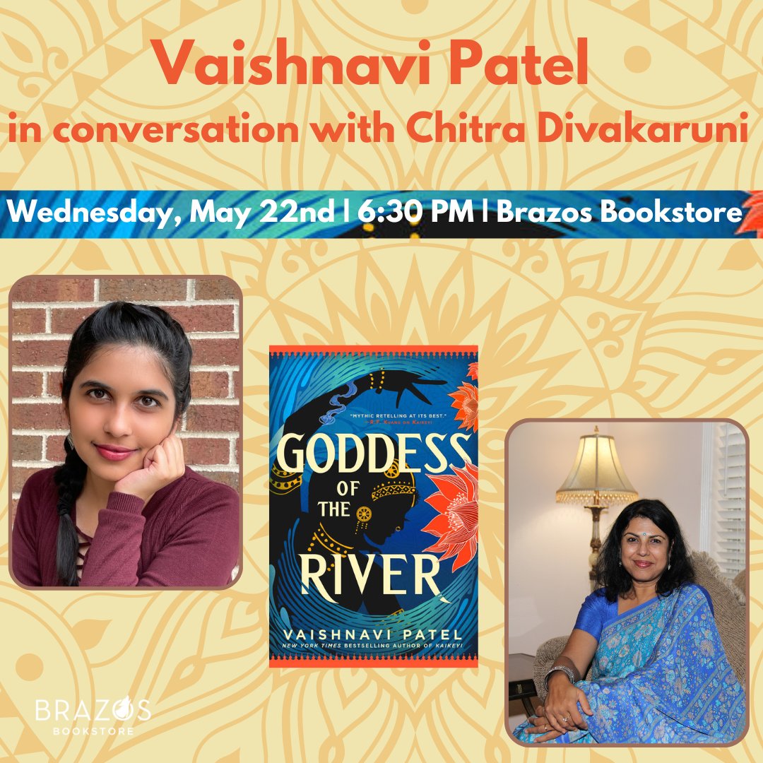 This will be a fun & exciting conversation between @VaishnaWrites & me, discussing the reimagining of epics--especially in her new book, #GoddessoftheRiver. #Houston friends, please join us. Free at @BrazosBookstore. Wed May 22, 6:30 pm. Details below.