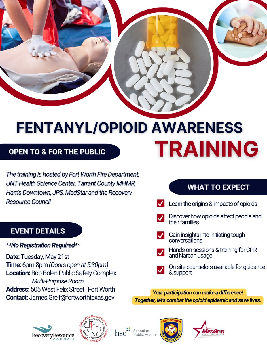 Join #FWFD & several of our partner agencies on Tuesday, May 21st at 6pm for this free event at the Bob Bolen Public Safety Complex. The event provides resources & training regarding the opioid crisis we're facing. No registration/Doors open at 5:30pm. Stay safe, #FortWorth.