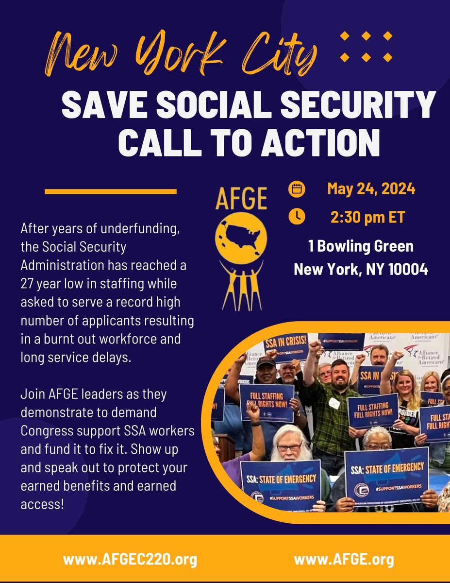 AFGE_Council220's tweet photo. Join AFGE leaders this Friday, May 24, 2024 2:30PM eastern to demonstrate and demand Congress to support SSA workers and fix it to fund it! https://t.co/no0GHNRlA9