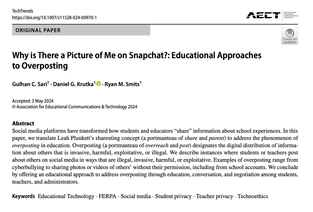 🚨NEW PUB🚨 Why is There a Picture of Me on Snapchat?: Educational Approaches to Overposting: rdcu.be/dIhRi I wrote this paper with 2 UNT doc students based on a class project where we wanted to think through what constitutes 'overcasting' on social media in education.