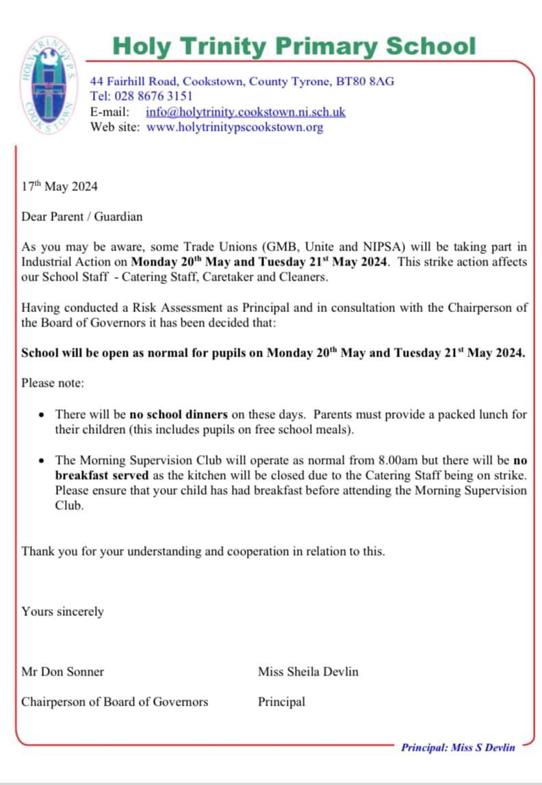 Please see attached letter regarding Industrial Action which continues tomorrow Tuesday 21st May 2024. 
Please provide children with a packed lunch again tomorrow. 
School dinners will resume on Wednesday 22nd May 2024. 

Many thanks for your continued support. 
HTPS