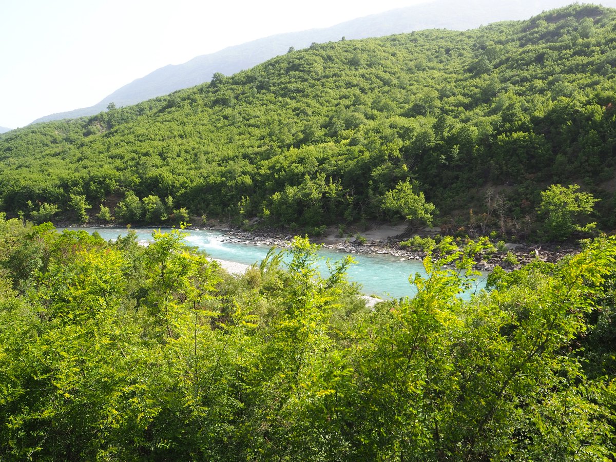 The confluence of the Aoos and Sarantaporos rivers at the point where Greece meets Albania, the distinct colours of the flows holding steady in a single bed until they finally blend into the vivid blue of the Vjosa beyond the border.