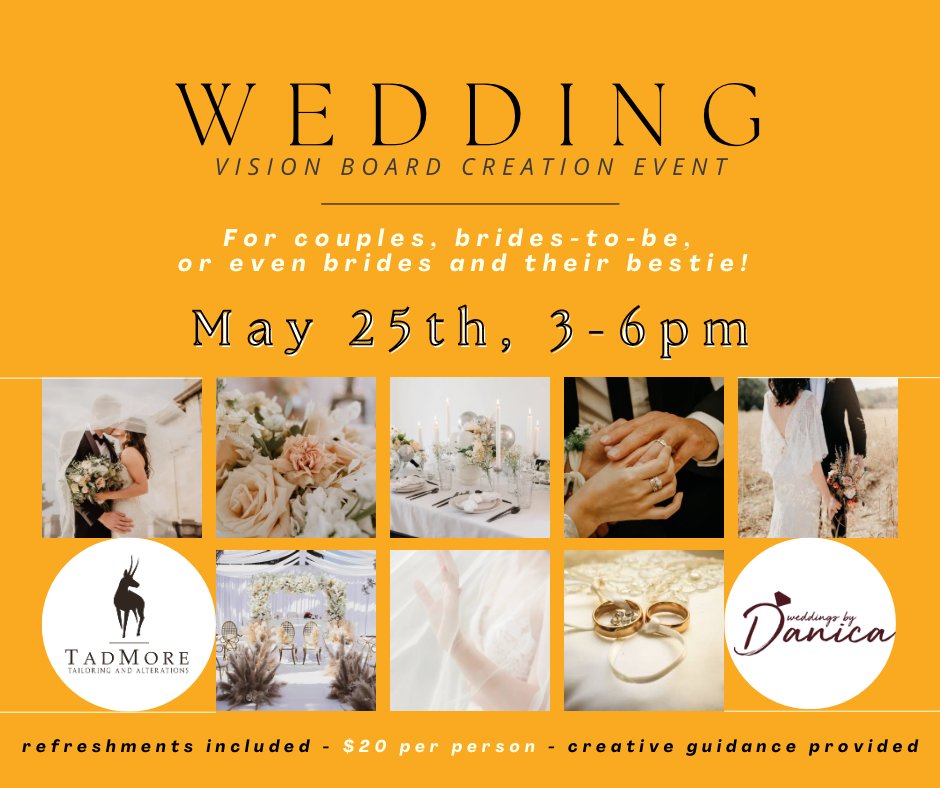 more_tad's tweet photo. Bring your partner or friend to dream up all the unique details for your big day. Crafting tools & inspirational guidance provided by Weddings by Danica! We can’t wait to see your vision come to life! https://t.co/YhGH4sh0gi #tmtailor #weddingplanning #craftingevent https://t.co/ZeunFX58Bn