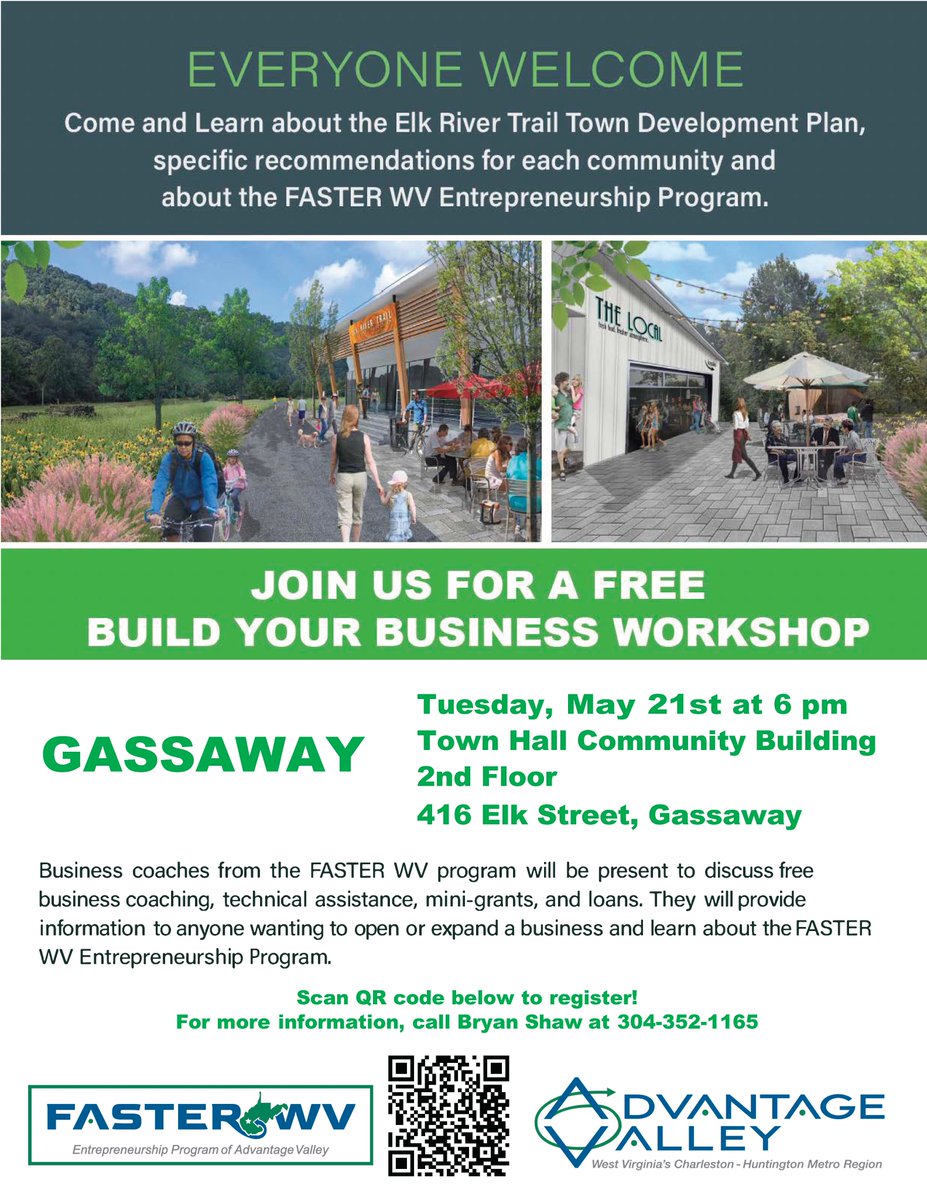 Considering opening a business on the Elk River Trail? 🚣🏽‍♂️🚴🏾🏕️

FASTER WV has a business workshop for you in Gassaway, West Virginia!  

Register here: airtable.com/appVpr2yTQMIGq…

Learn more about the Elk River Trail Development plan here: advantagevalley.com/trail-towns/

#elkriverwv #WV