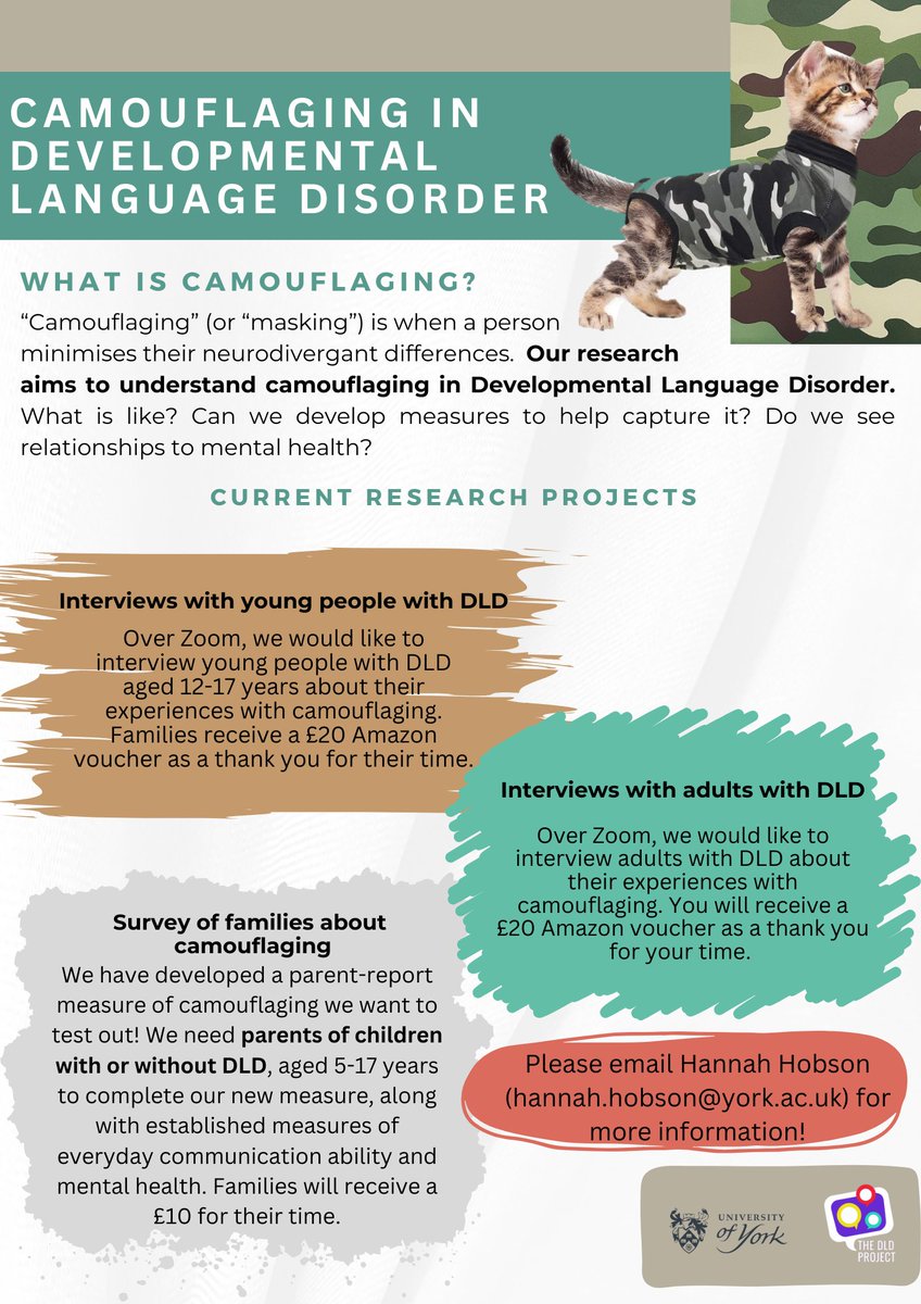 We're researching camouflaging in Developmental Language Disorder! We're looking for:
- Young people with DLD (aged 12-17)
- Adults with DLD
- Parents of children aged 5-17 with *or without* DLD 

Get in touch if you'd like the links to our information sheets/sign up forms :)