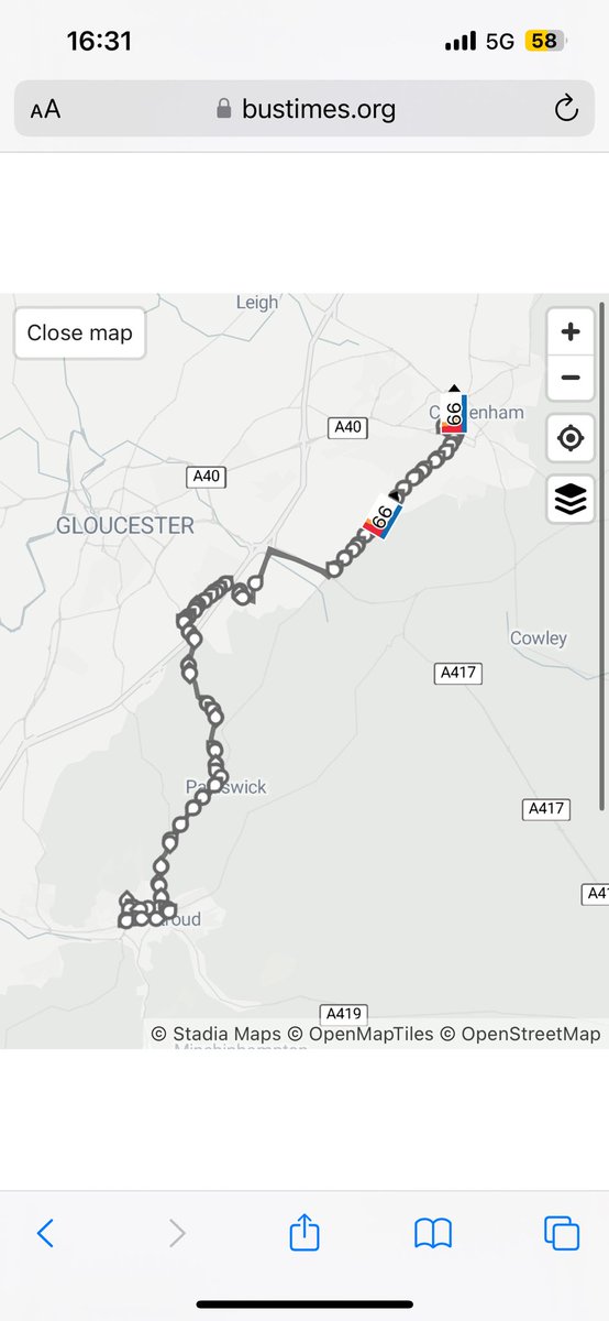casstilda's tweet photo. @Stagecoach_West hi do you know what’s happening with the 66 Stroud-Cheltenham please? It’s meant to be leaving merry walks at 16:45 but the website tracking isn’t working and bus times thinks it’s in Cheltenham? https://t.co/SLJOXzupQv