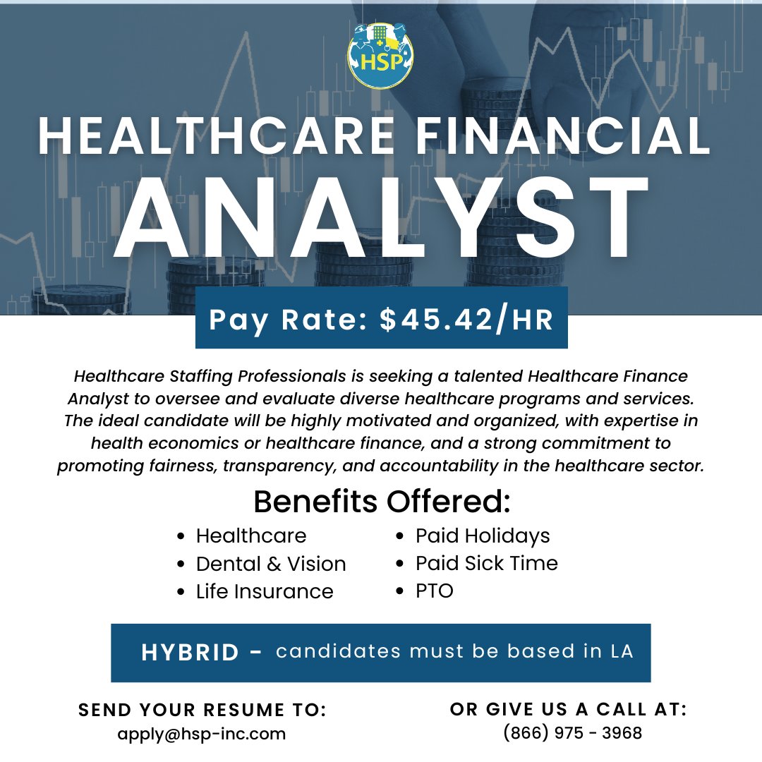 Hiring Now: Healthcare Finance Analyst! 🌟 Offering $45.42/HR and hybrid flexibility in Los Angeles, this is your chance to lead impactful initiatives for fairness and transparency. Apply today by sending your resume to apply@hsp-inc.com.