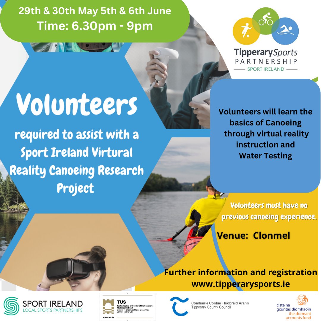 TSP and TUS Needs You!! 🛶 Can Virtual Reality be used to coach canoeing skills to new canoeists Seeking volunteers 🔗bit.ly/3UWwP2y ‘This project was approved by Government with support from Sport Ireland's Dormant Accounts Fund’, #BeActiveTipperary #virtualreality