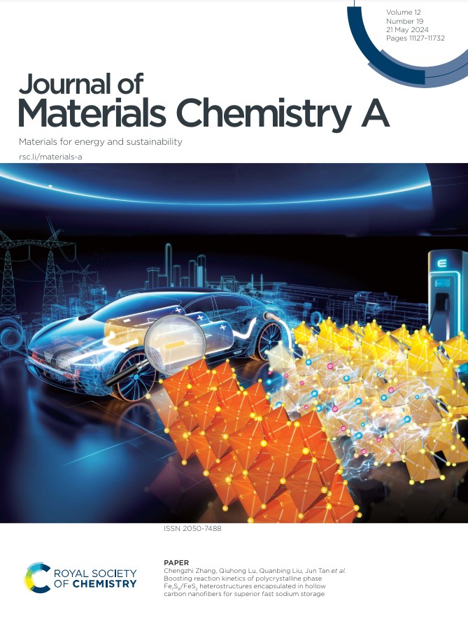 Front cover of @JMaterChem A Issue 19 is by Chengzhi Zhang, Qiuhong Lu, Quanbing Liu, Jun Tan et al. Boosting reaction kinetics of polycrystalline phase Fe7S8/FeS2 heterostructures encapsulated in hollow carbon nanofibers for superior fast sodium storage doi.org/10.1039/D4TA01…