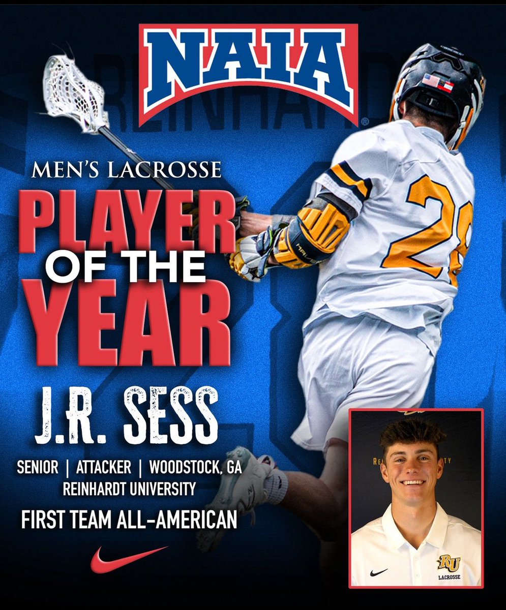 JR Sess of @ReinhardtU_Lax is the NAIA Men’s Lacrosse Player of the Year!!! Sess won 76-of-106 total face-offs this season, a clip of 71.7%. He also secured 92 points this season on 57 goals, and 35 assists; while recording five man-up goals, and picking up 65 ground balls.